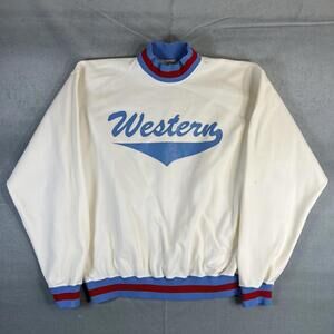 VTG 70s Russell Athletic Western Sweatshirt Mens Large White Blue Ribbed Rare
